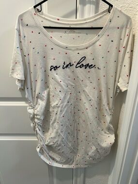 Motherhood Maternity White Short-Sleeve Tee with Multicolor Heart Print